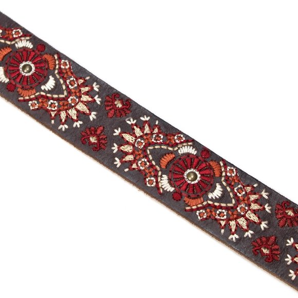 Lucky Brand Leather Belt Brown Red Orange Embroidery Gold Stud and Buckle - Picture 2 of 4